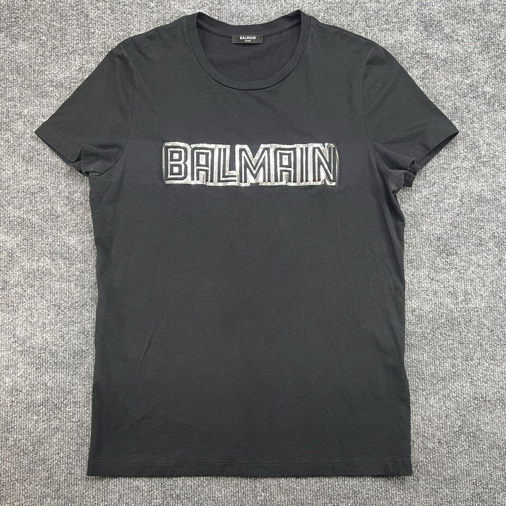Balmain T-shirt Men's Medium Silver Reflective‎ Logo Black